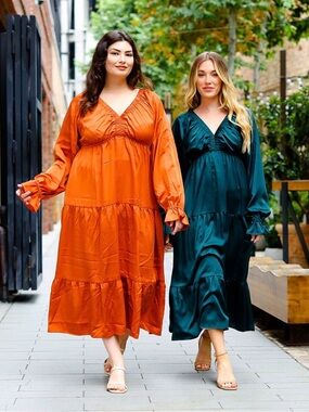 NEW Haptics Maia Long Sleeved Hunter Green Satin Tiered Maxi Dress